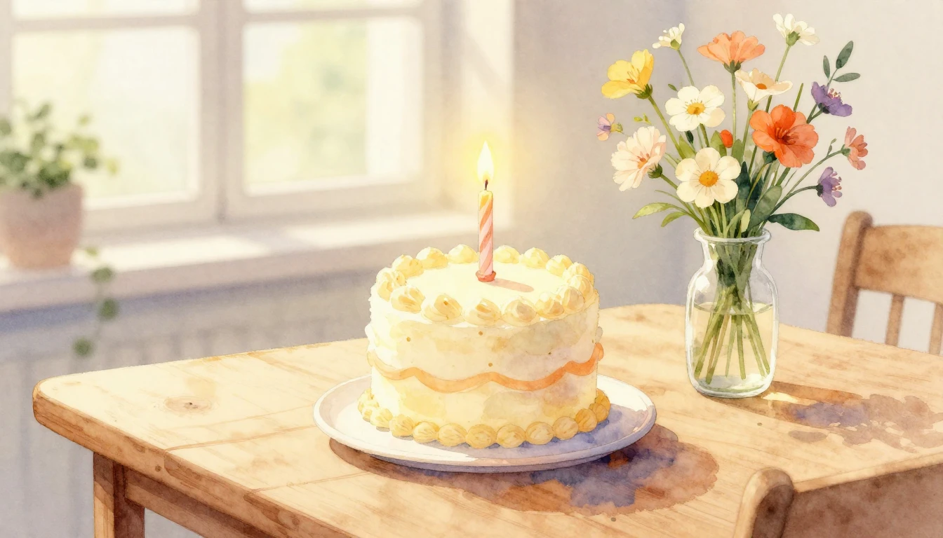 A soft watercolor painting of a small, elegant birthday cake...