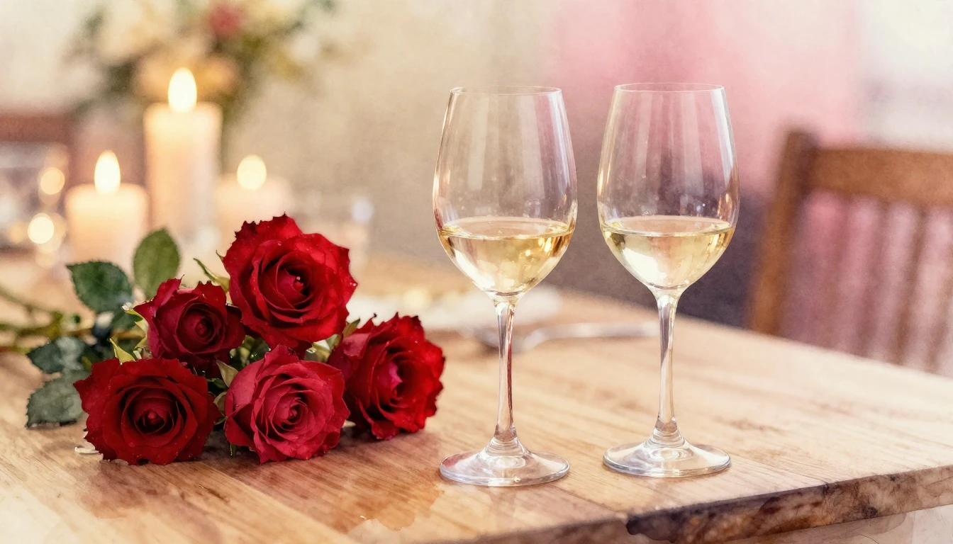 A soft watercolor painting of two elegant wine glasses sitti...