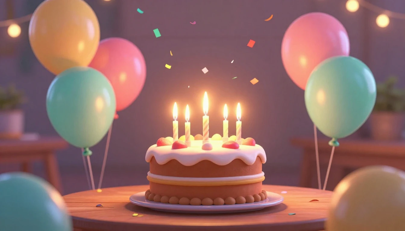 A warm and joyful 3D animated style scene celebrating a birt...