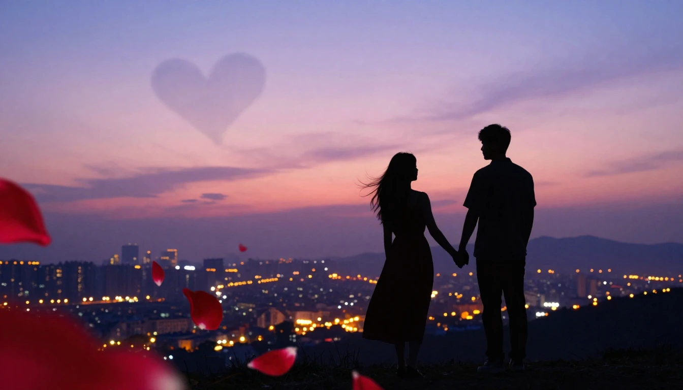 A romantic and dreamy scene featuring two silhouettes holdin...