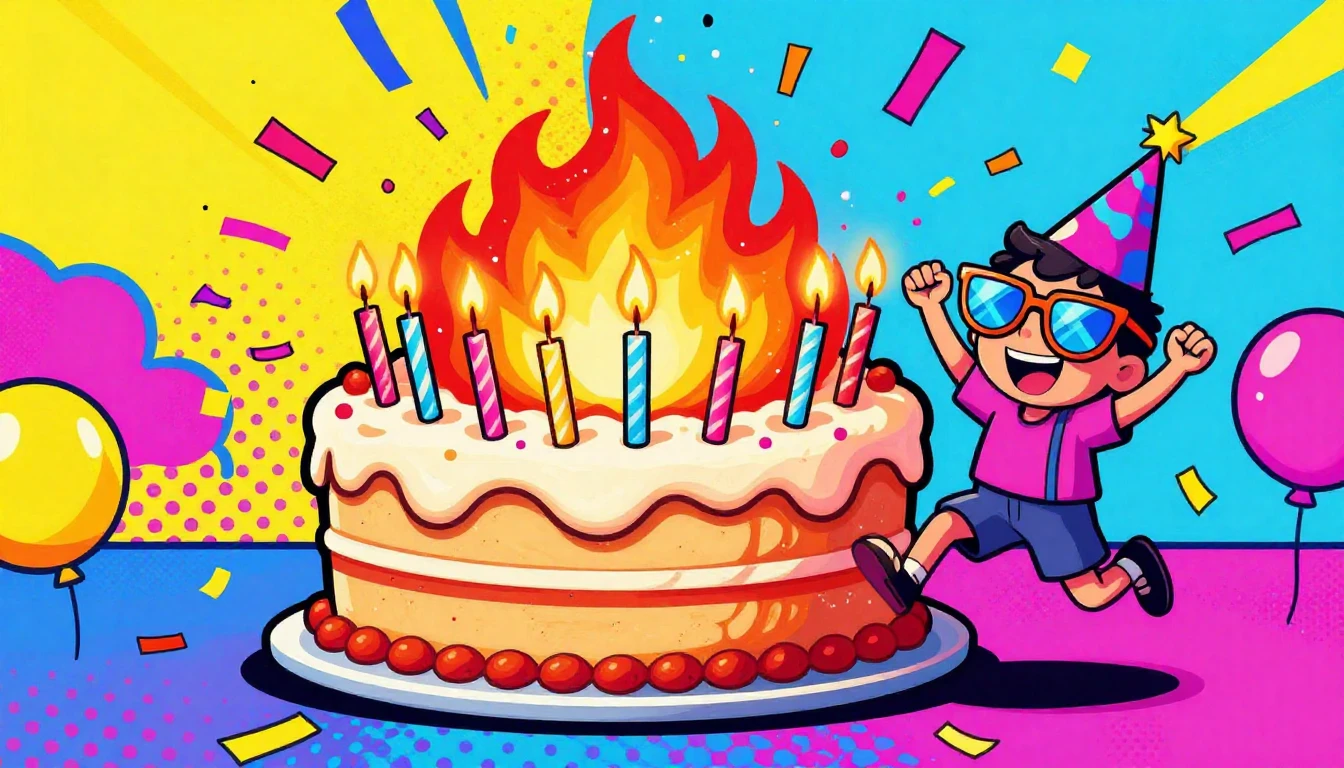 A vibrant and humorous pop art illustration of a birthday pa...