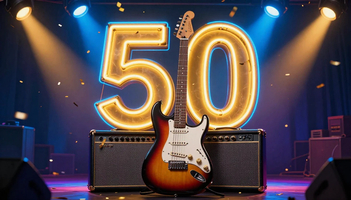 A vibrant and energetic album cover design celebrating a 50t...