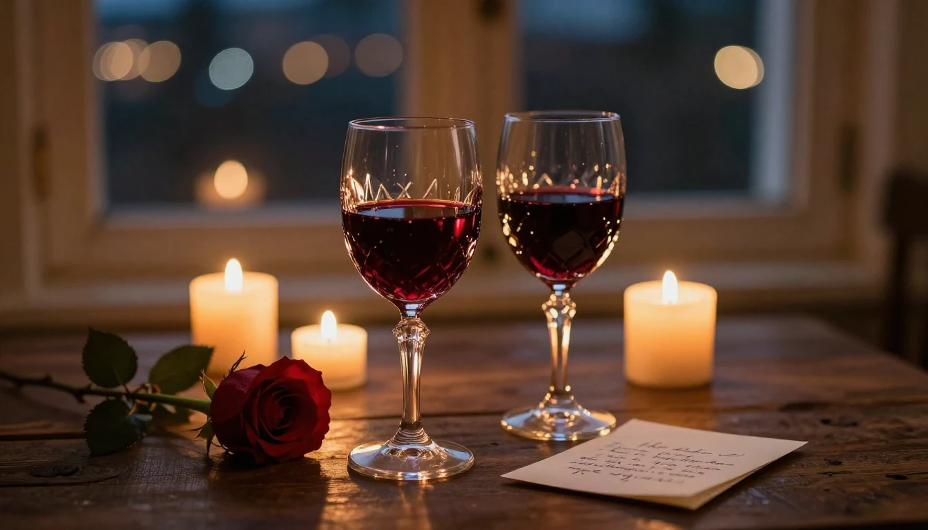 A close-up, intimate composition of a romantic evening setti...