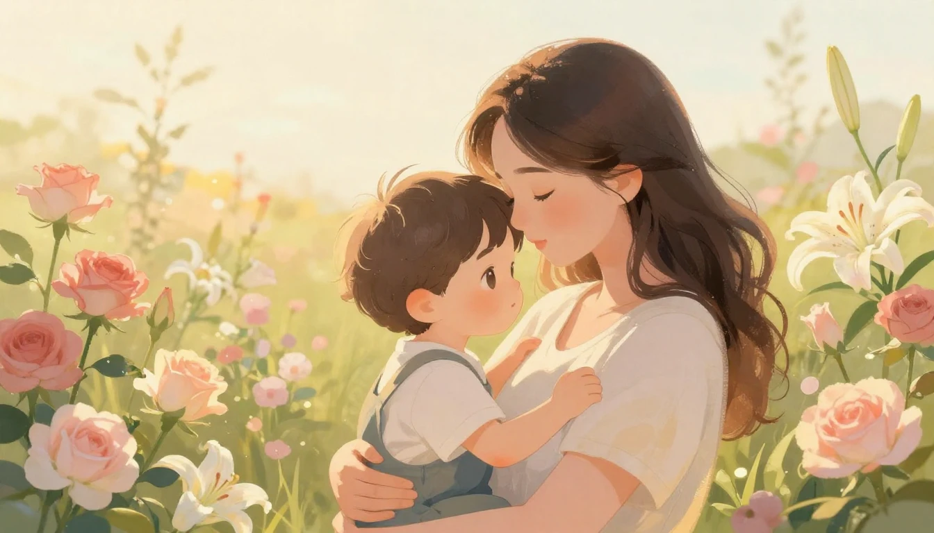 A tender and heartwarming illustration of a mother and her c...