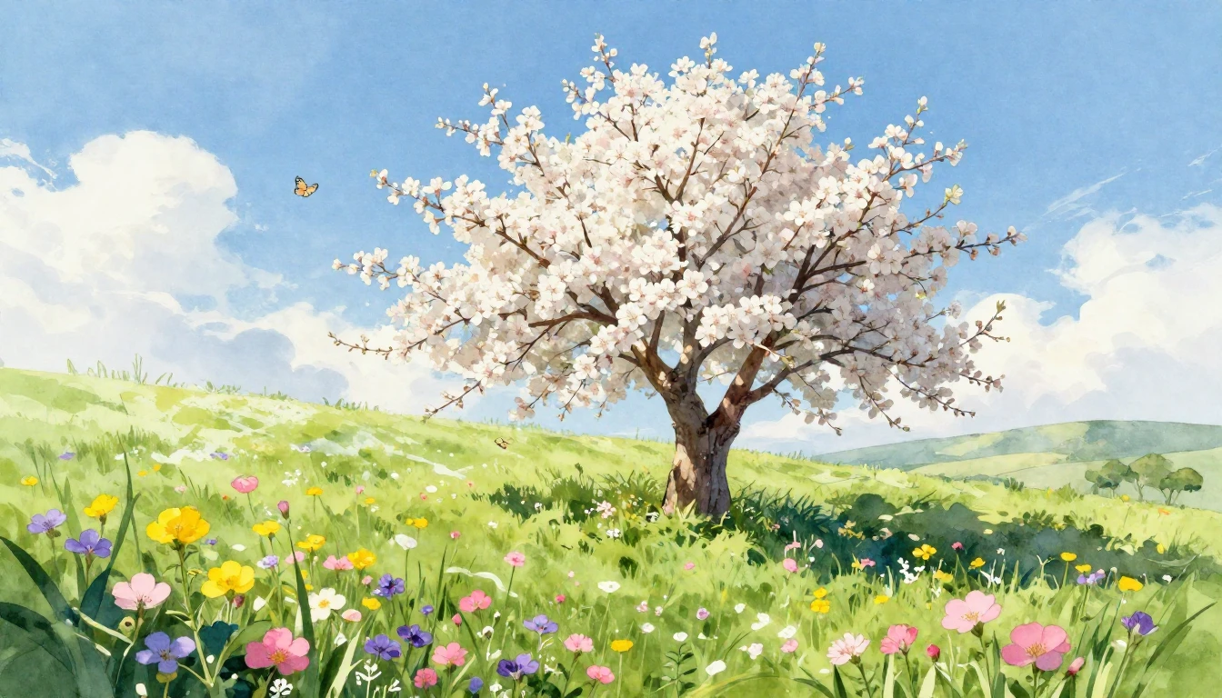 A vibrant and fresh spring landscape in watercolor style. Th...