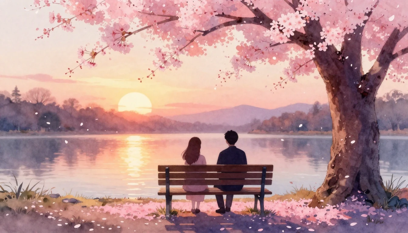 A delicate watercolor painting of two stylized silhouettes s...