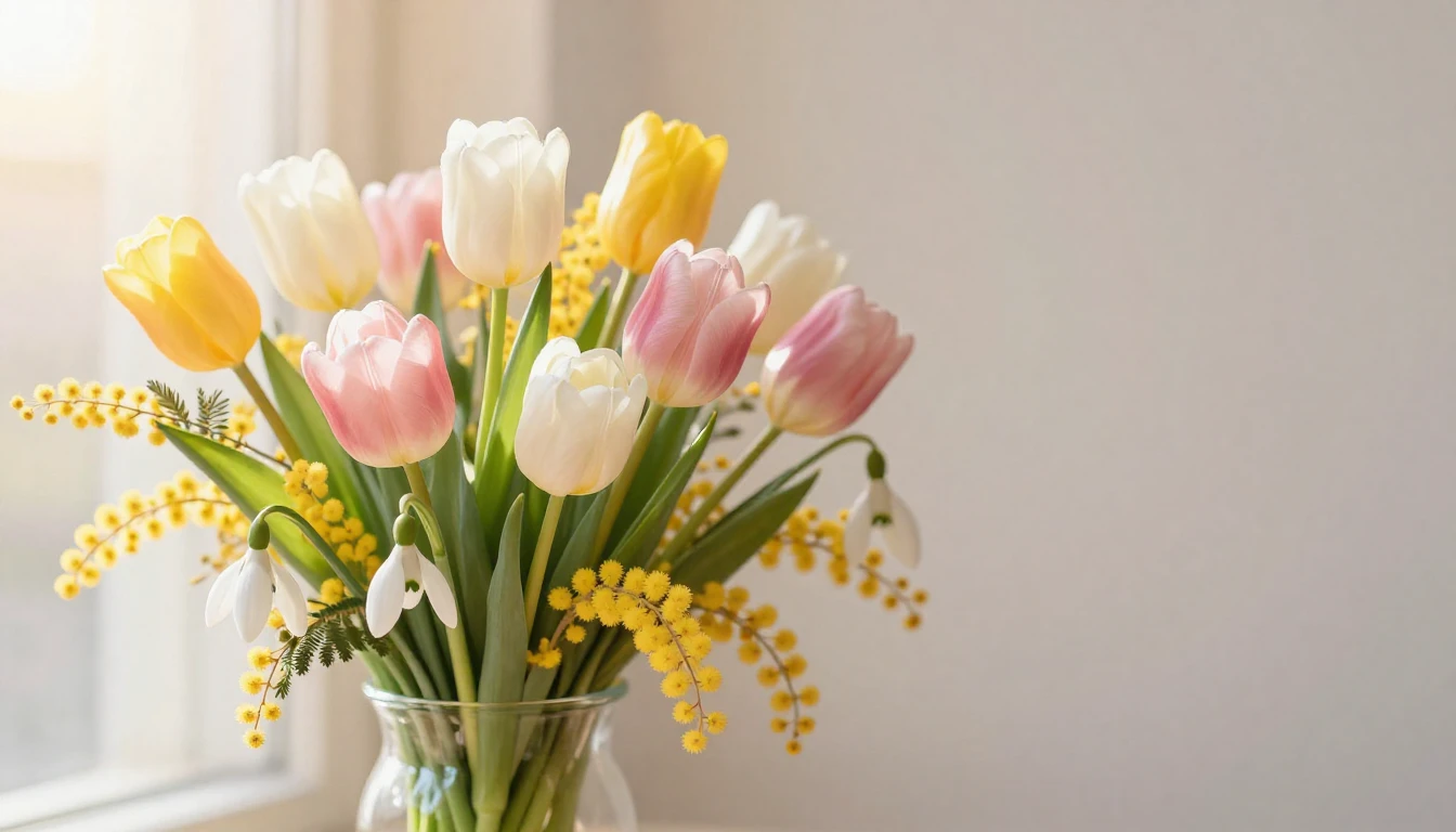 A beautiful bouquet of bright spring flowers like tulips, sn...