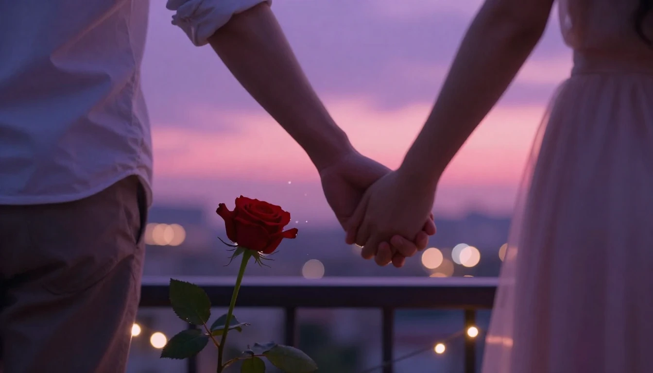 A romantic and dreamy scene featuring a couple holding hands...