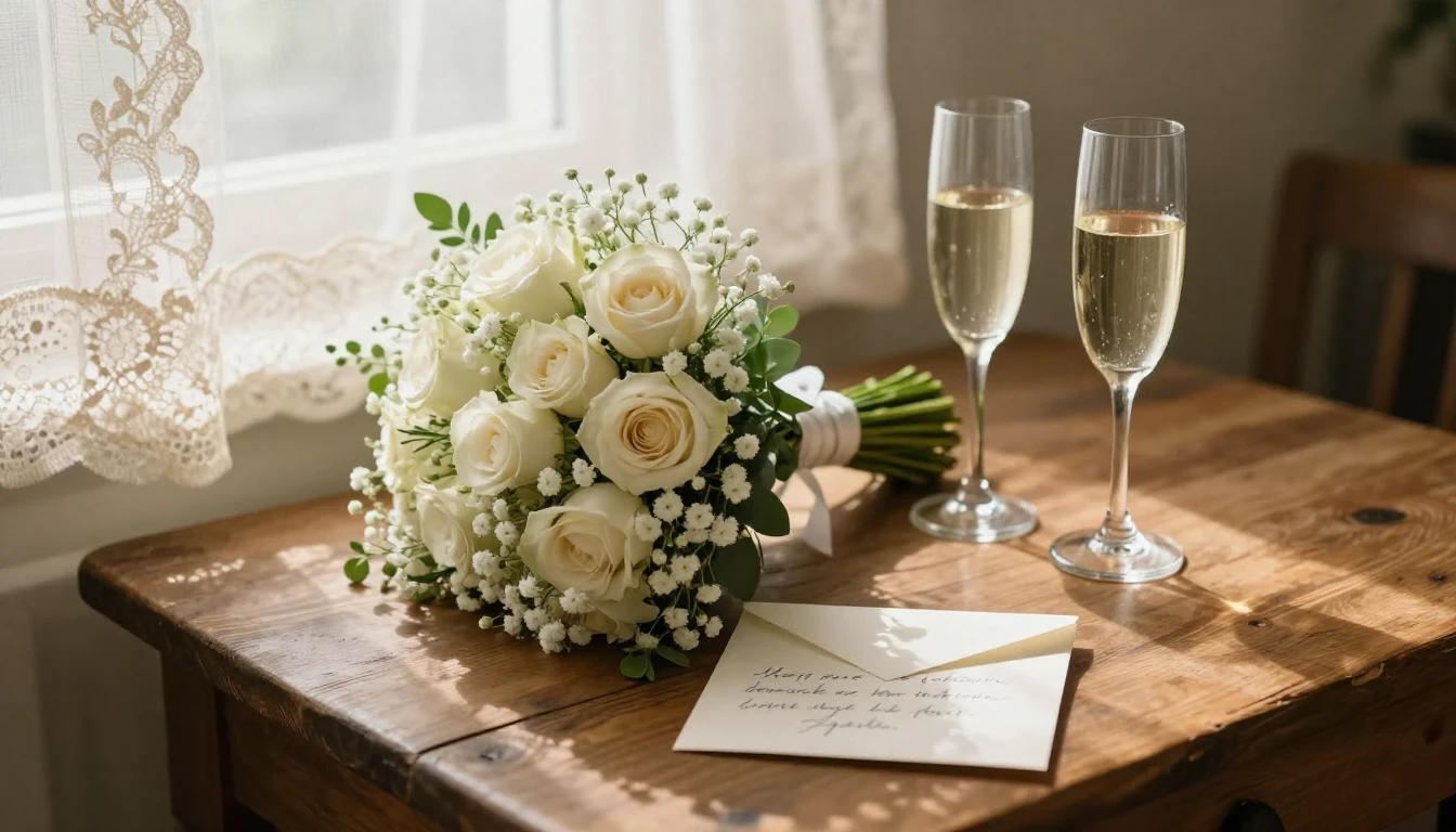 A beautiful, touching scene of a wedding bouquet resting on ...