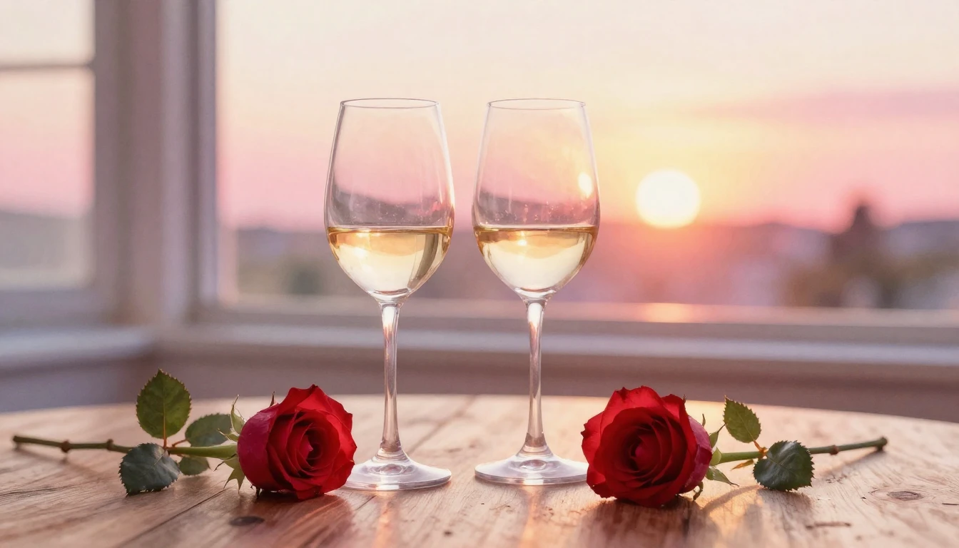 A soft watercolor painting of two elegant wine glasses sitti...