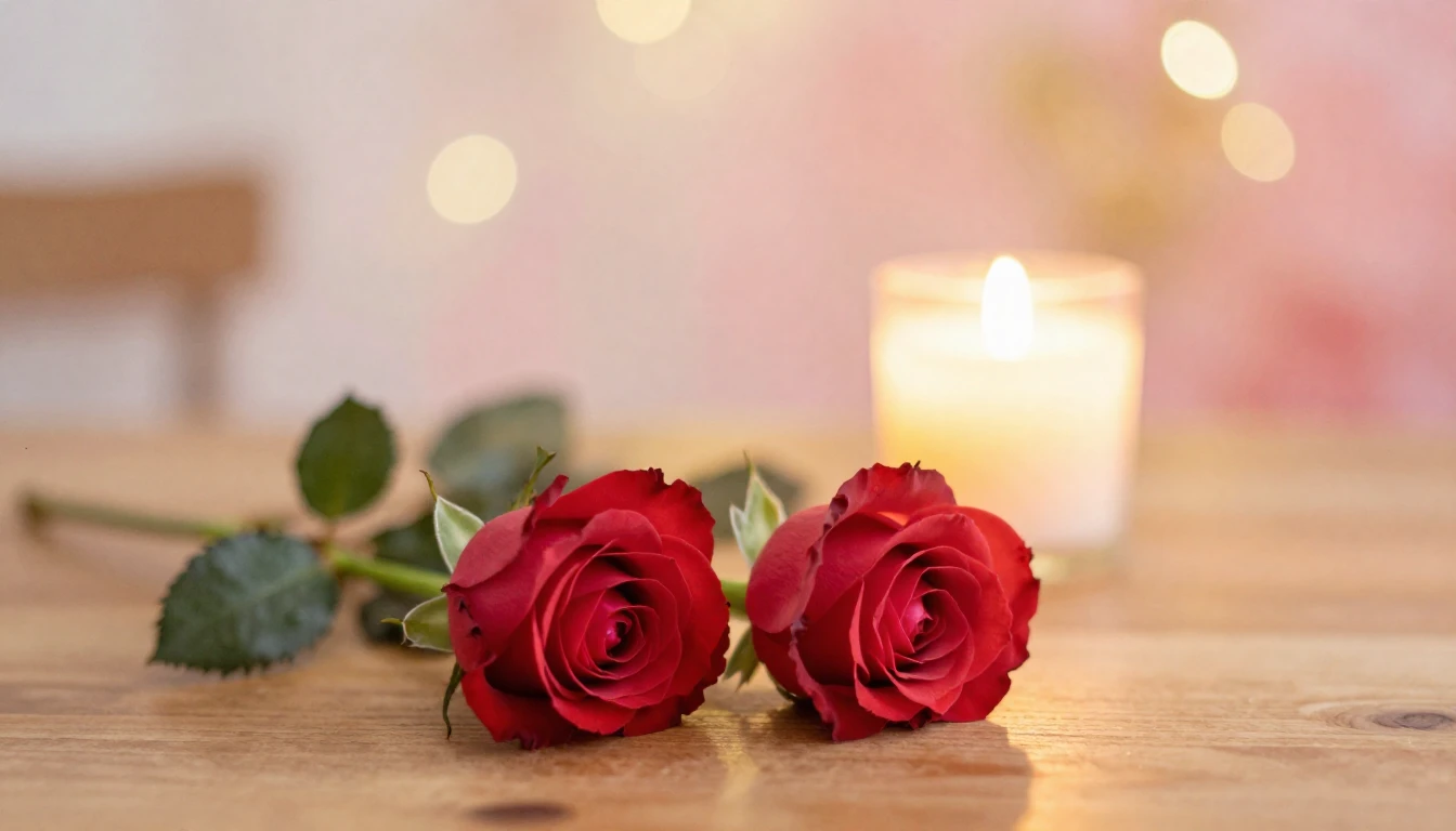 A dreamy and romantic scene featuring two delicate red roses...