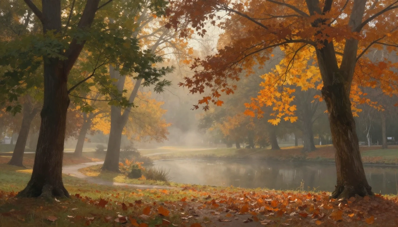 A delicate painting of a serene park during the early days o...