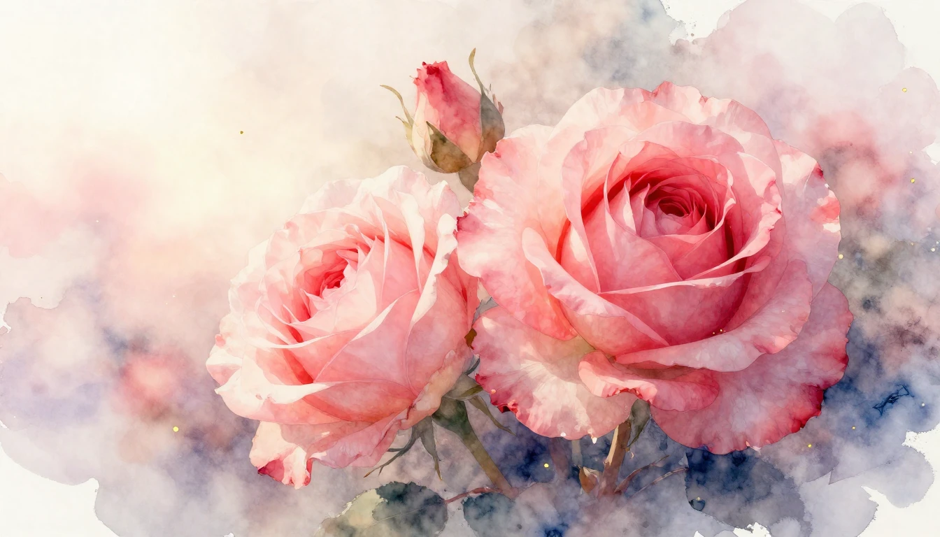 A delicate watercolor painting of two blooming roses intertw...