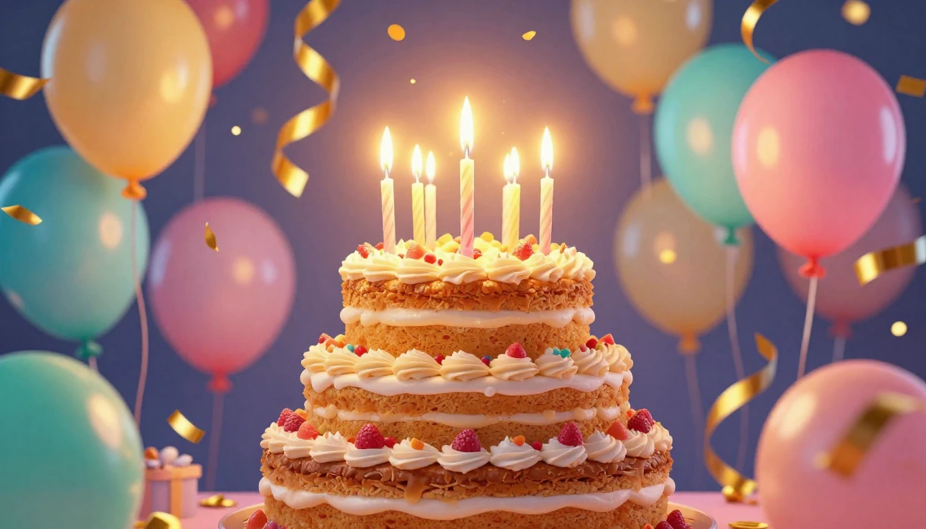 A vibrant and festive illustration of a delicious tiered bir...