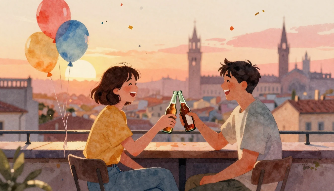 A heartwarming watercolor illustration of two friends sittin...