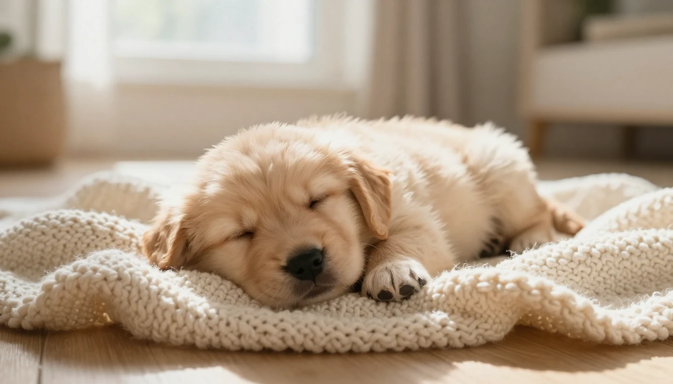 A close-up shot of a tiny, fluffy golden retriever puppy sle...