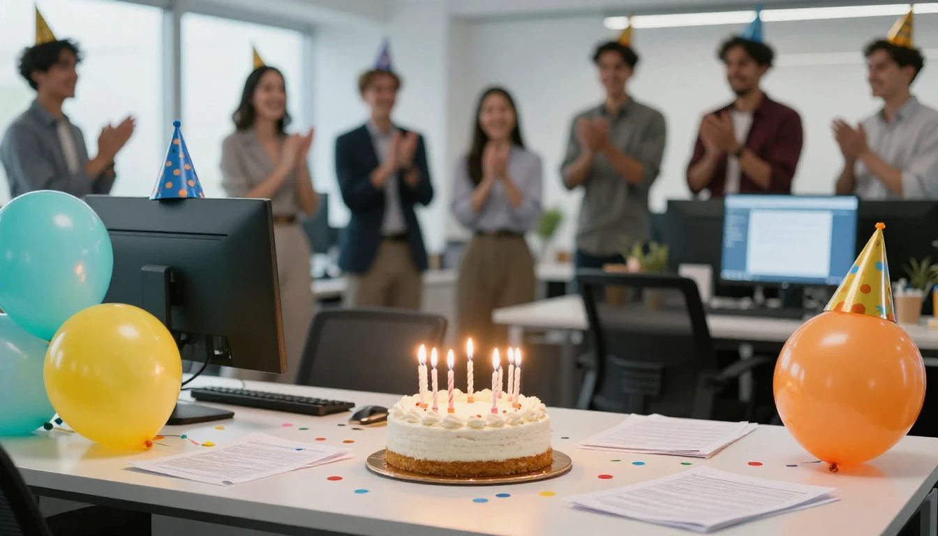 A festive office birthday celebration scene. A delicious bir...