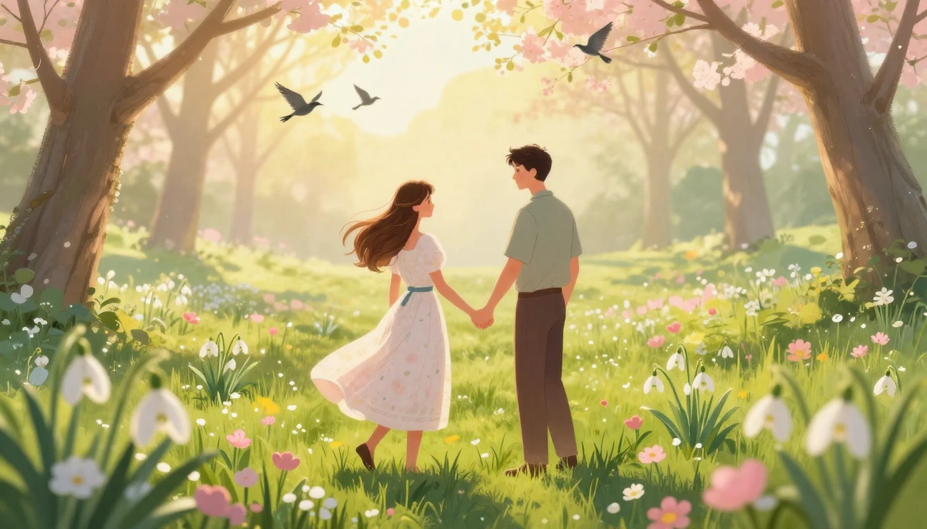 A romantic and dreamy illustration of a young couple holding...