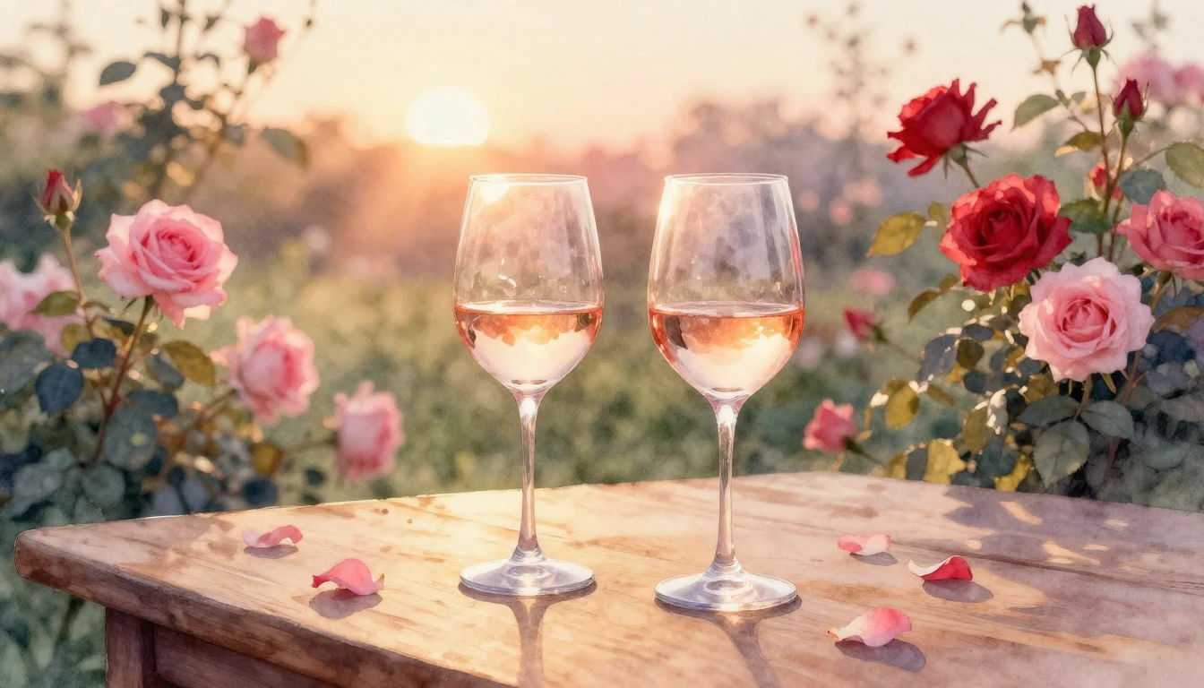 A soft watercolor painting of two elegant wine glasses sitti...