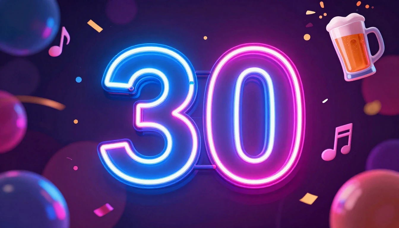 A vibrant digital art illustration celebrating a 30th birthd...