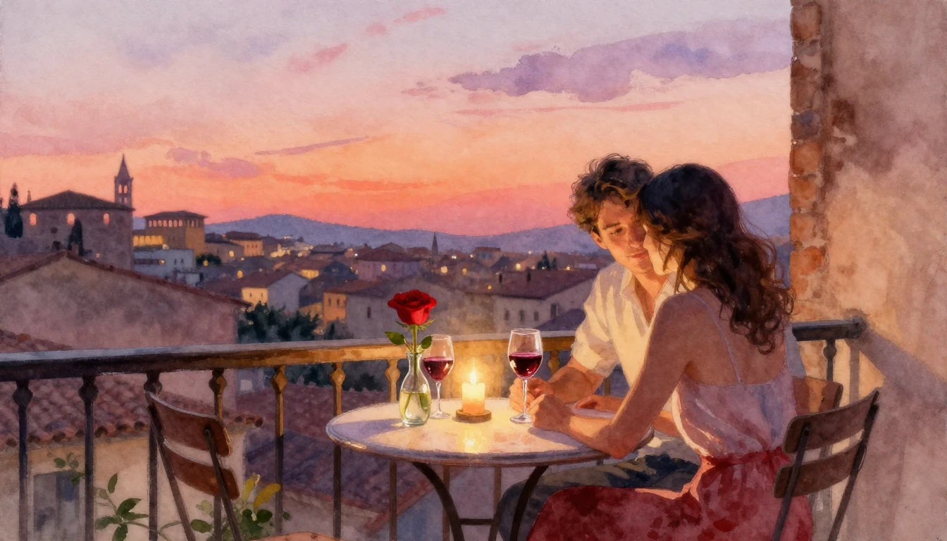 A romantic and intimate watercolor painting depicting a coup...