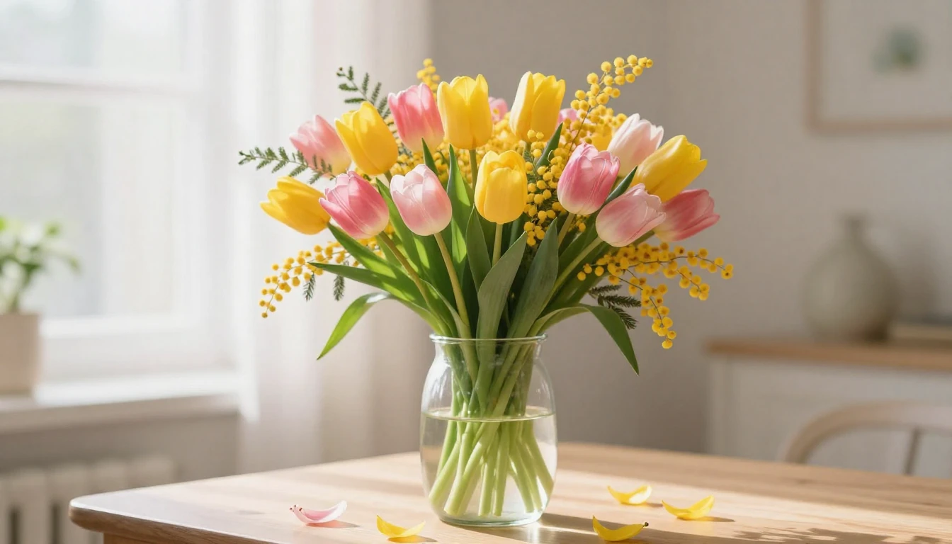 A beautiful spring bouquet of tulips and mimosa flowers in a...