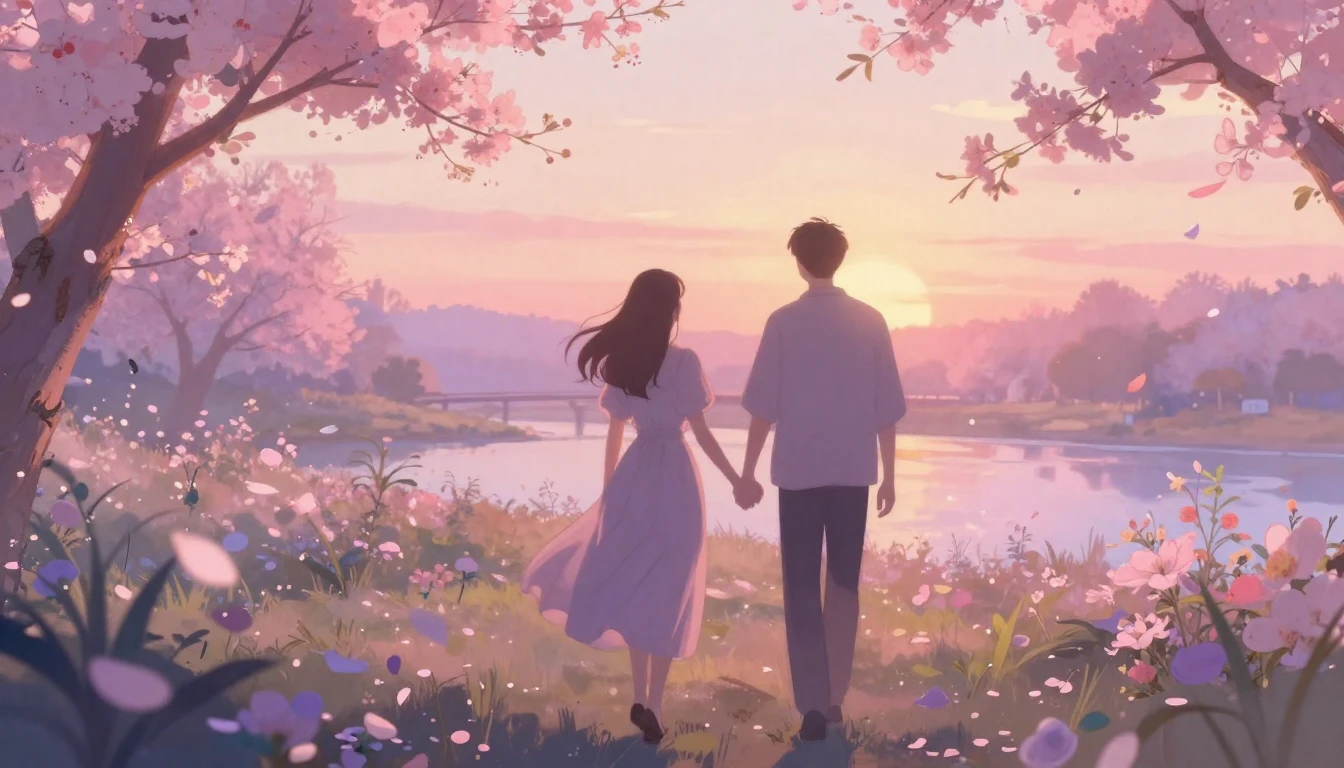 A soft and ethereal scene depicting two silhouettes walking ...