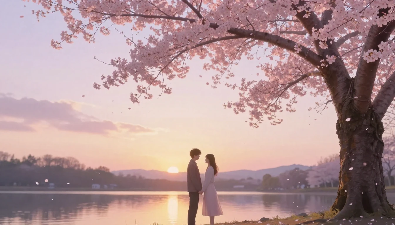 A dreamlike scene featuring two delicate silhouettes of a co...