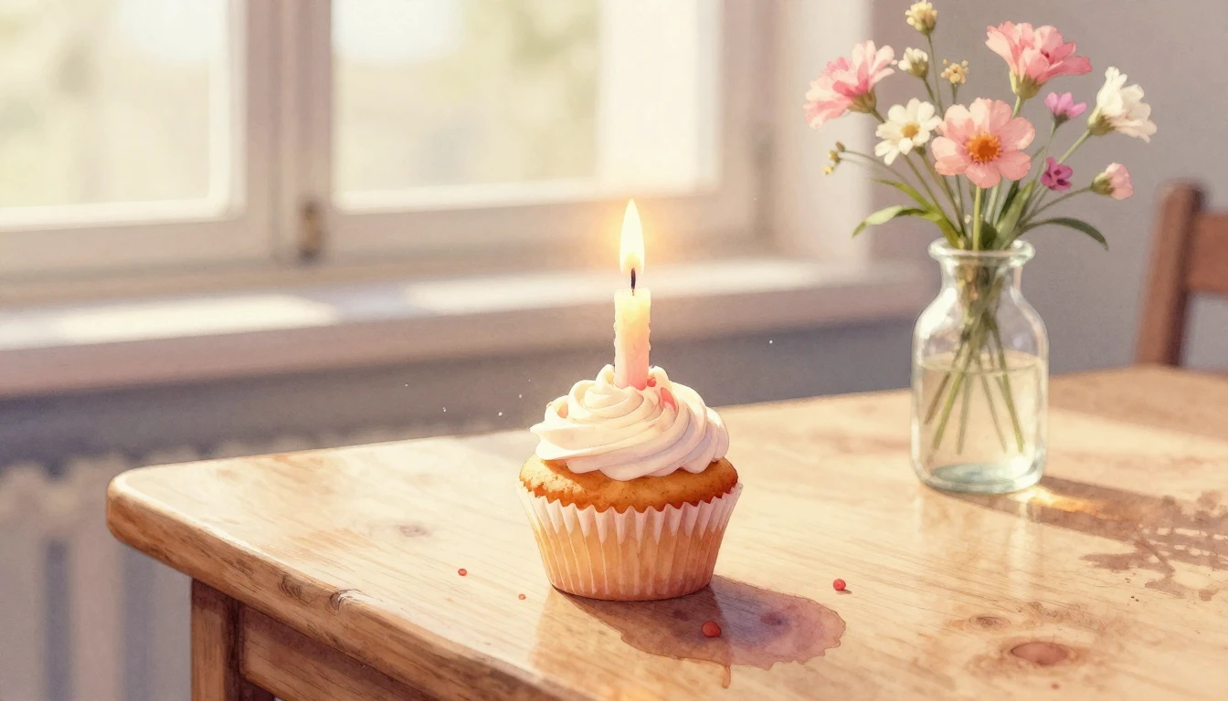 A delicate watercolor painting of a single lit candle on a s...
