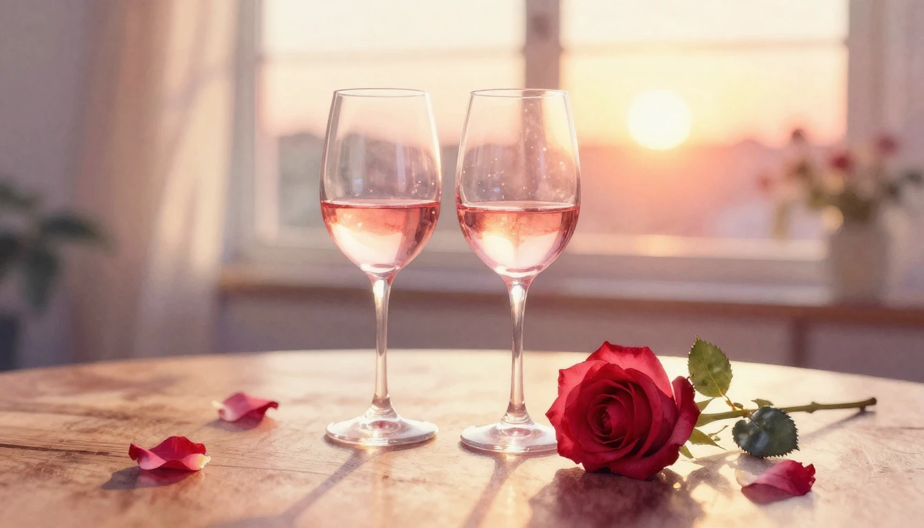 A soft watercolor painting of two elegant wine glasses sitti...