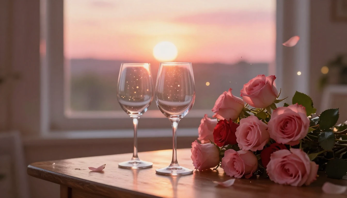 A delicate scene featuring two elegant wine glasses sitting ...