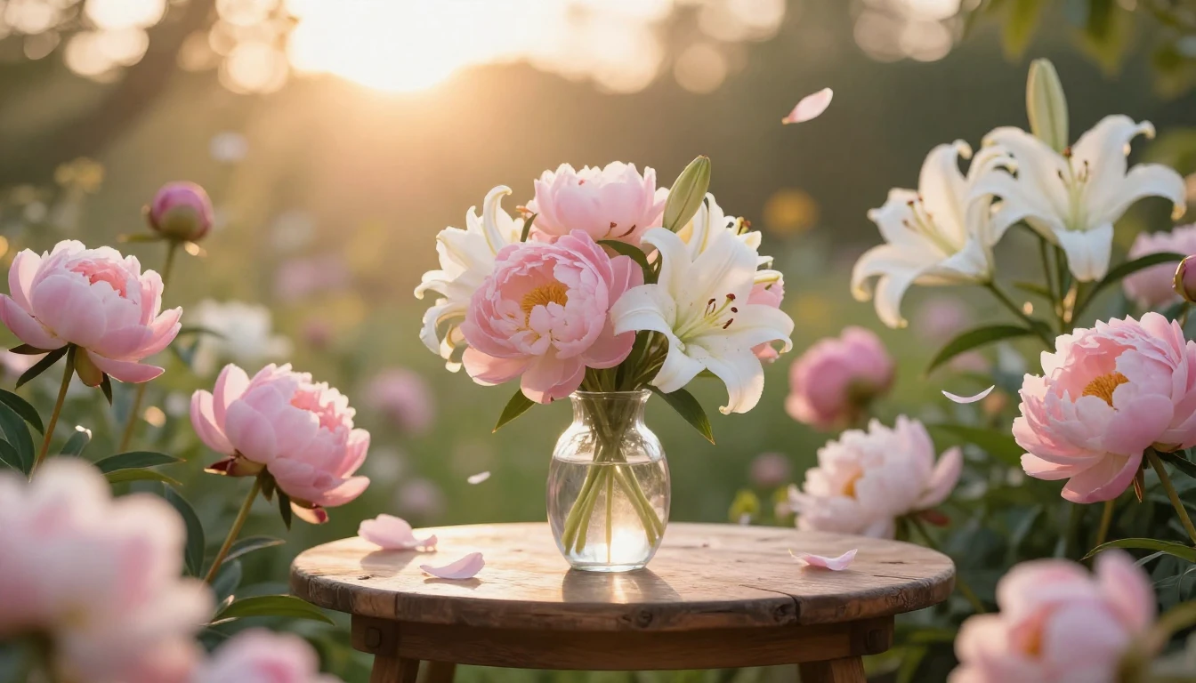 A beautiful and serene scene featuring a blooming garden fil...