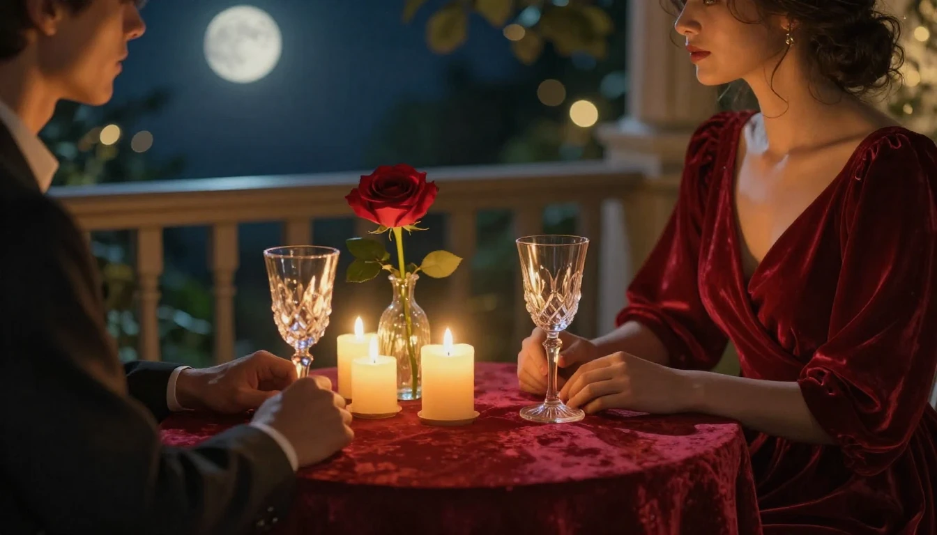 A dreamy and romantic scene of a candlelit table for two on ...