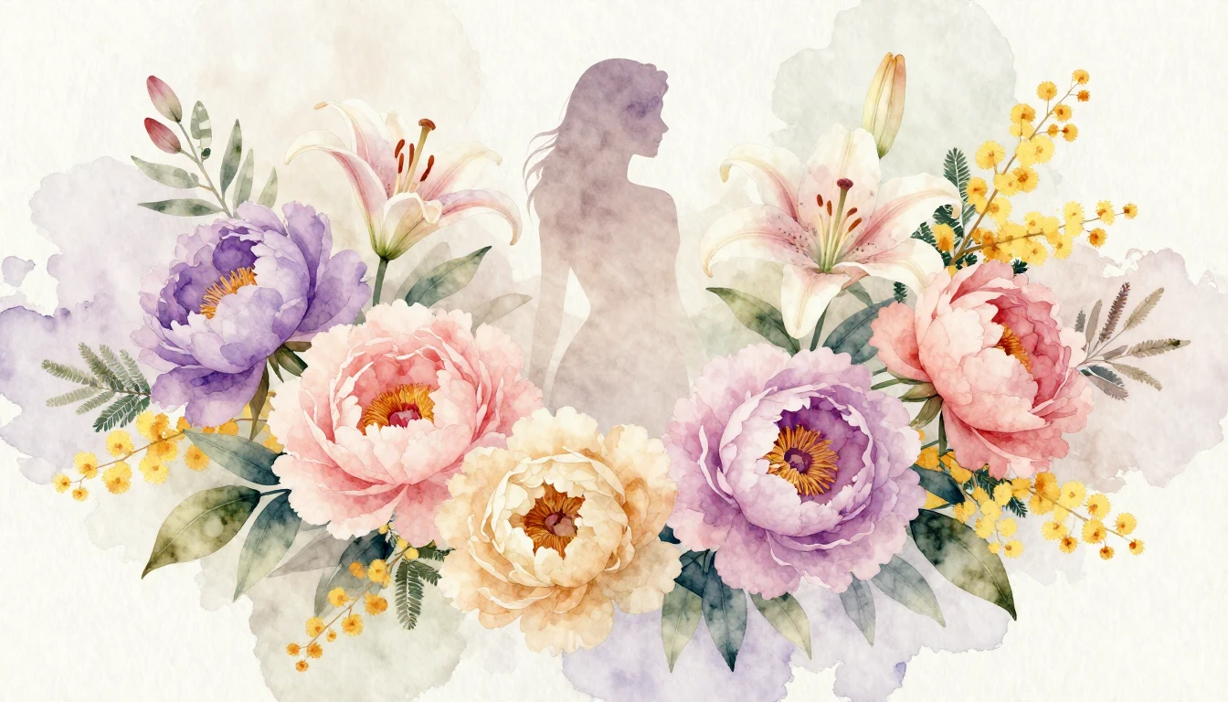 A delicate watercolor painting featuring a variety of bloomi...