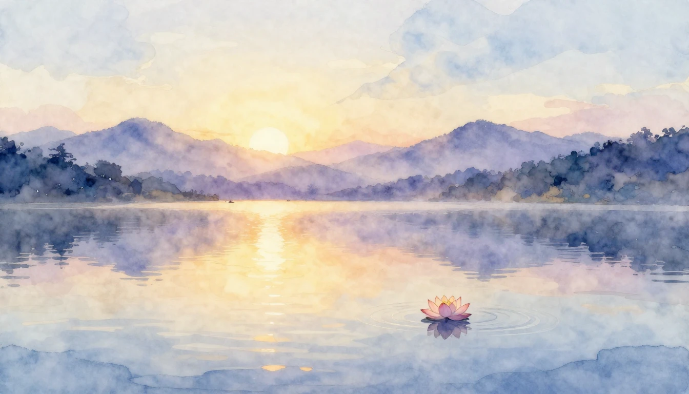 A serene landscape featuring a calm lake reflecting a soft s...