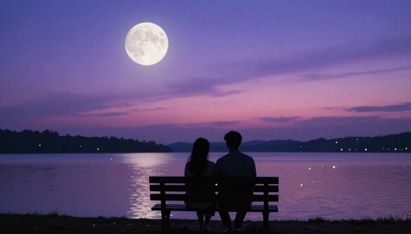 A romantic and dreamy scene featuring two silhouettes of a c...