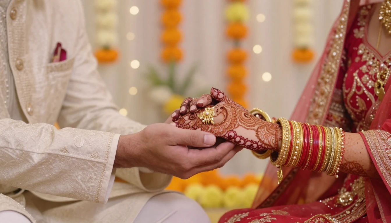Close-up of a traditional Bengali wedding scene, specificall...