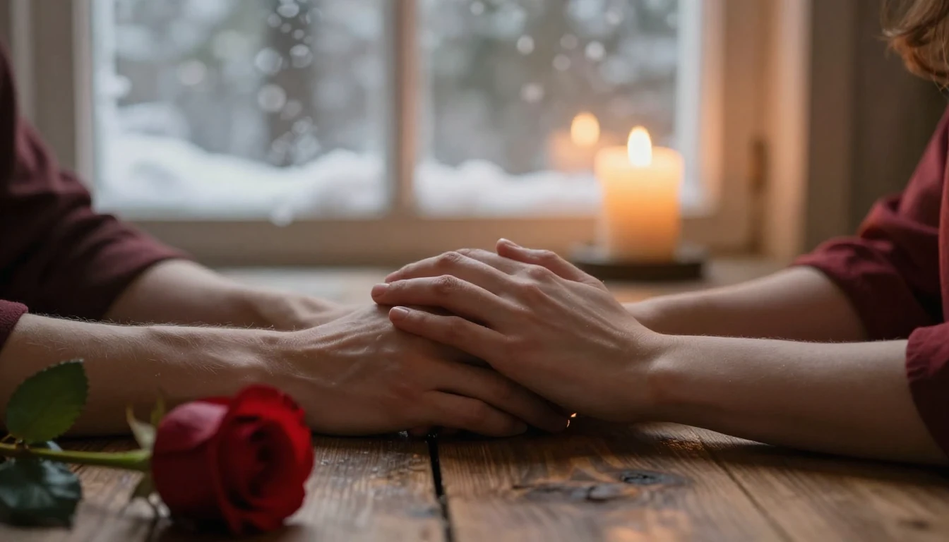A cinematic, close-up shot of two hands gently intertwined r...