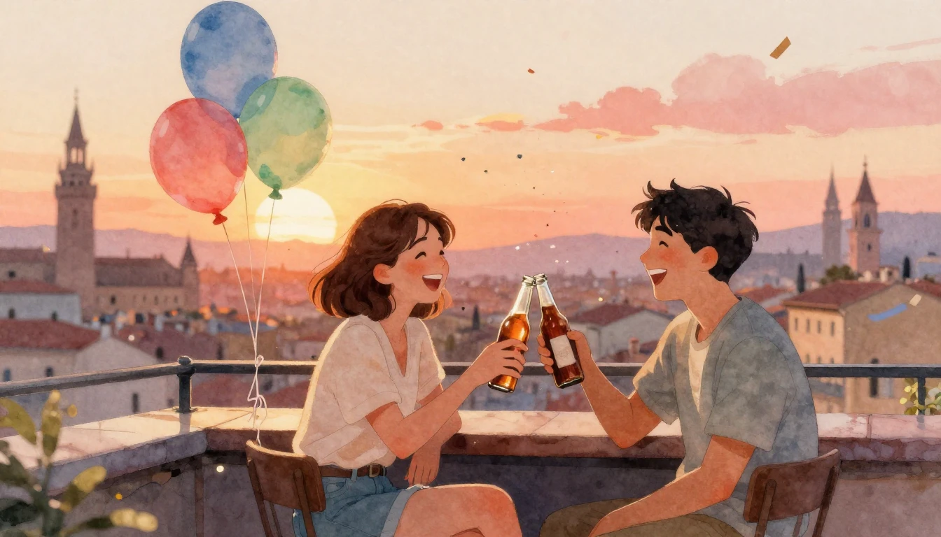 A heartwarming watercolor illustration of two friends sittin...