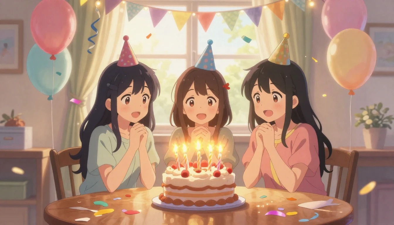 A vibrant and heartwarming anime style illustration of a bir...