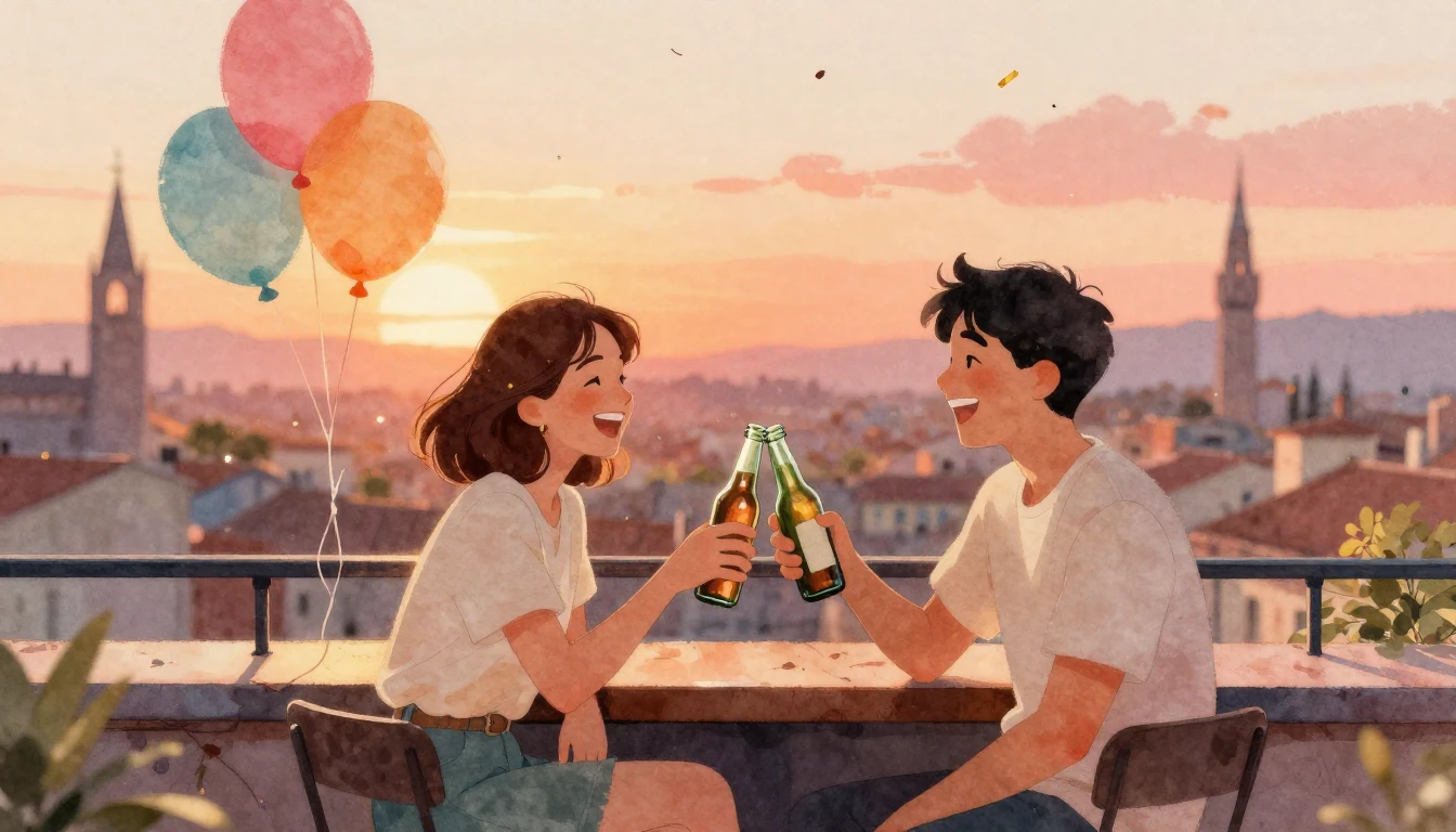 A heartwarming watercolor illustration of two friends sittin...