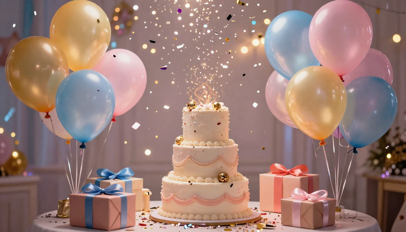 A vibrant and festive scene filled with colorful floating ba...