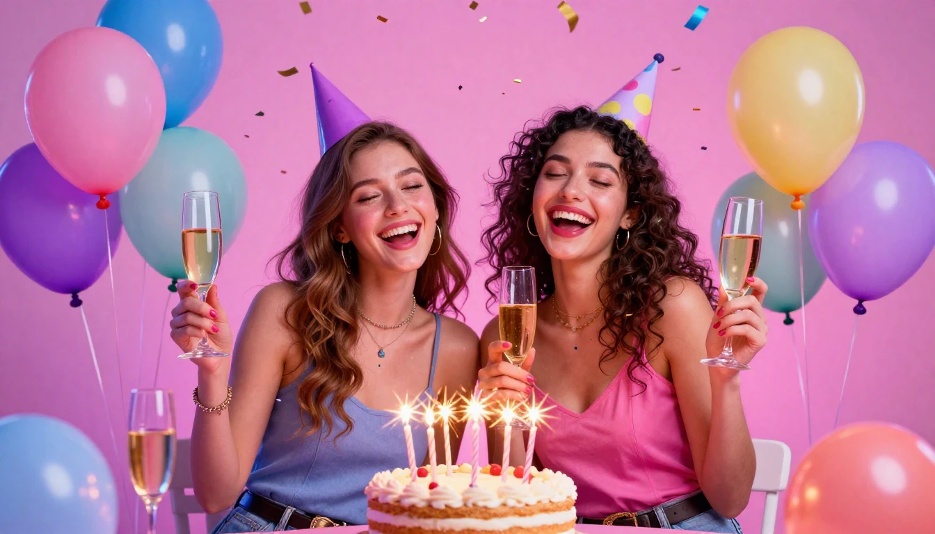 Digital art of two happy young women celebrating a birthday ...