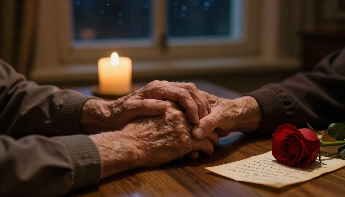A cinematic close-up shot of two elderly hands holding each ...