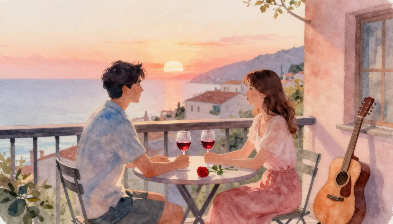 A romantic watercolor painting of a couple sitting on a cozy...