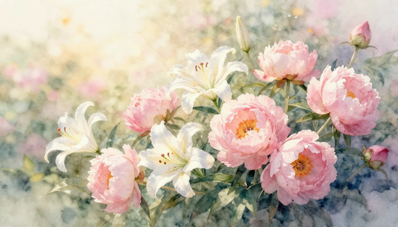A beautiful watercolor painting of a blooming garden with so...