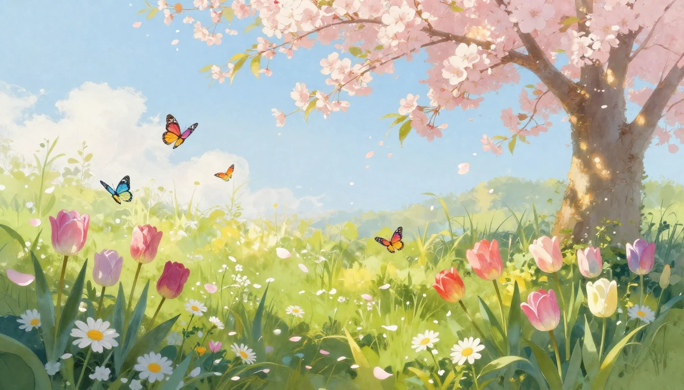 A vibrant meadow filled with various blooming spring flowers...