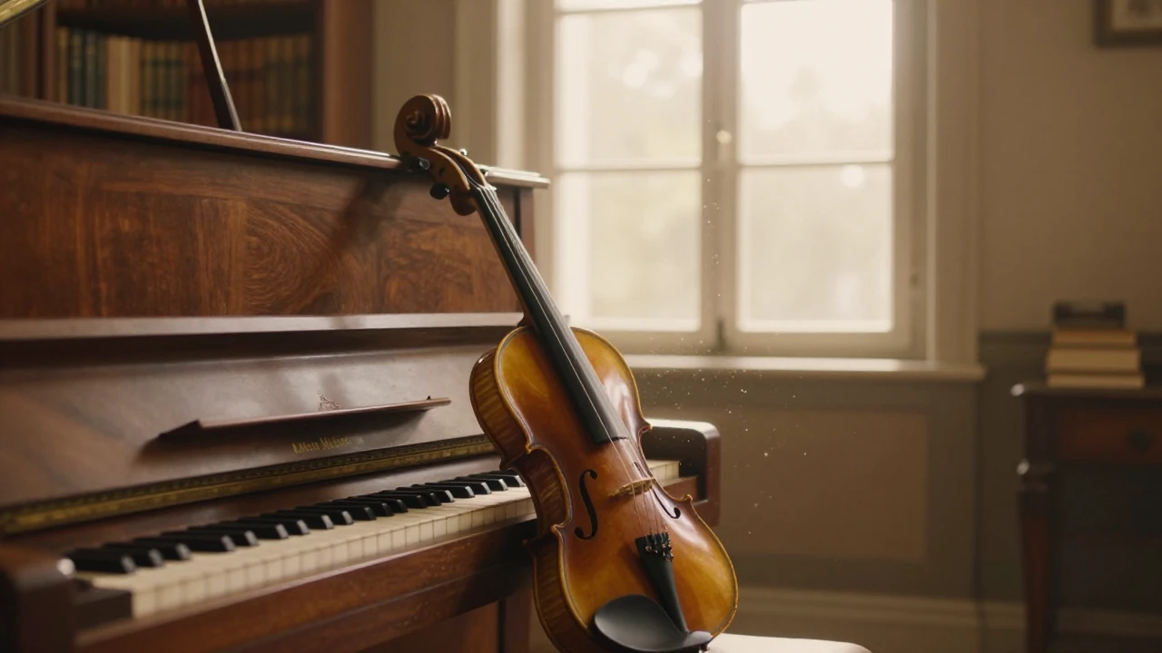 A grand wooden piano and a classic violin resting together i...
