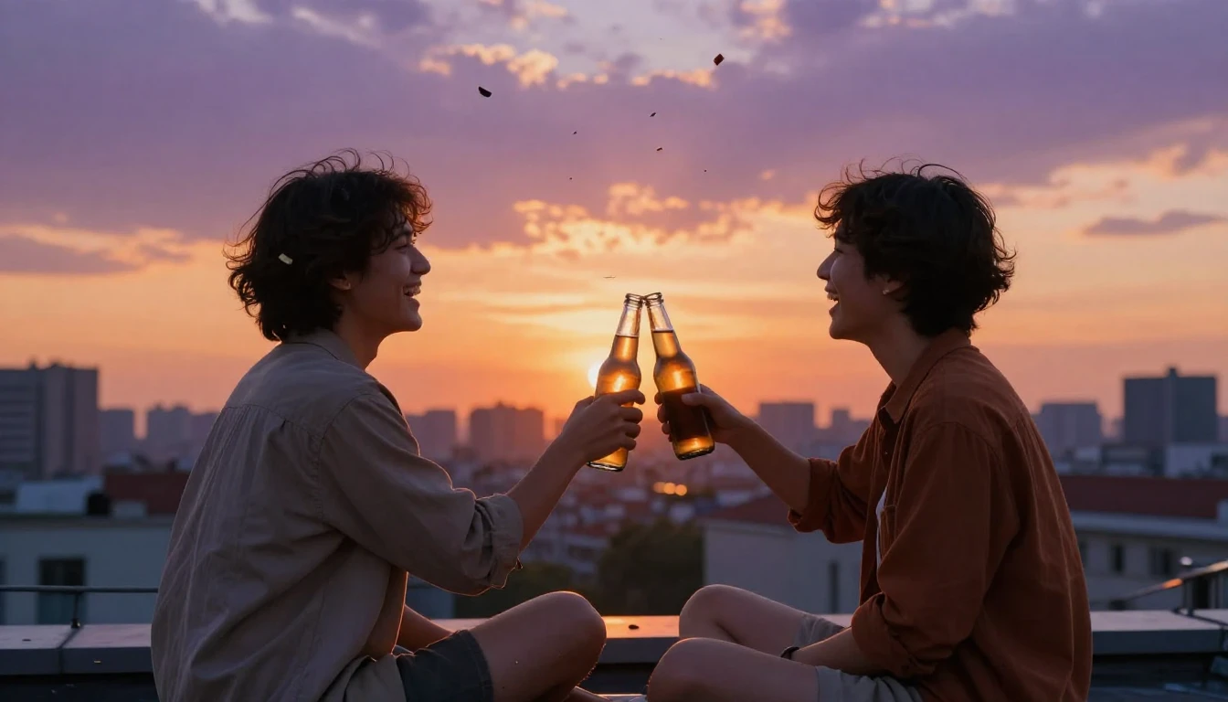 A warm and nostalgic scene of two friends sitting on a rooft...