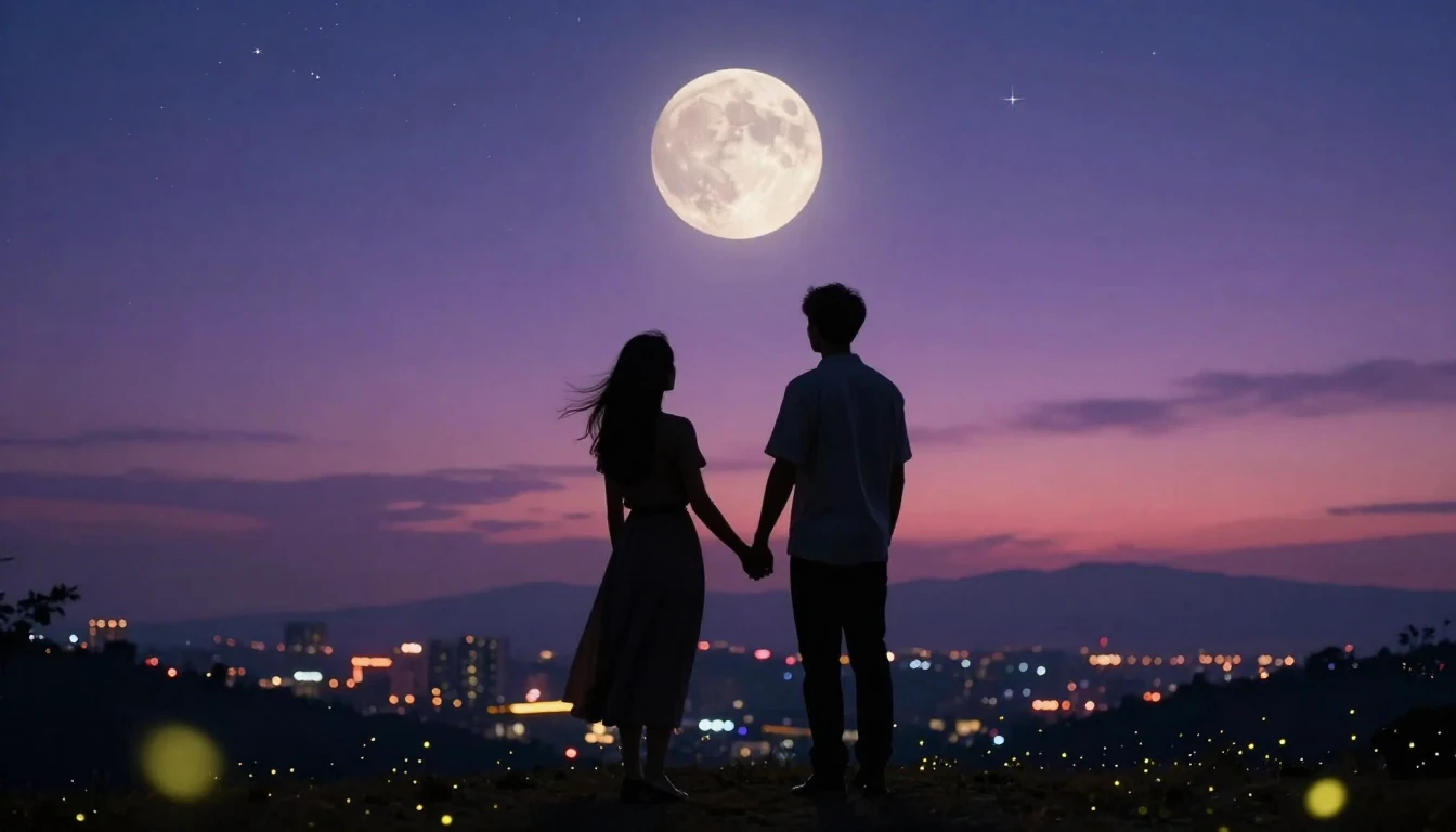 A romantic and dreamy scene featuring two silhouettes holdin...